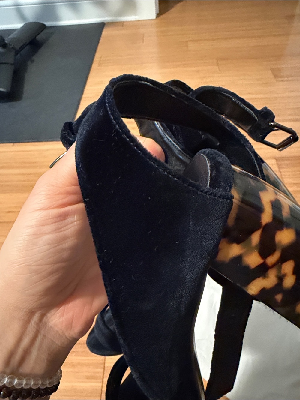 Stella McCartney Navy Suede Block Heel Sandals with Tortoiseshell-Effect Heel - Picture 6 of 6